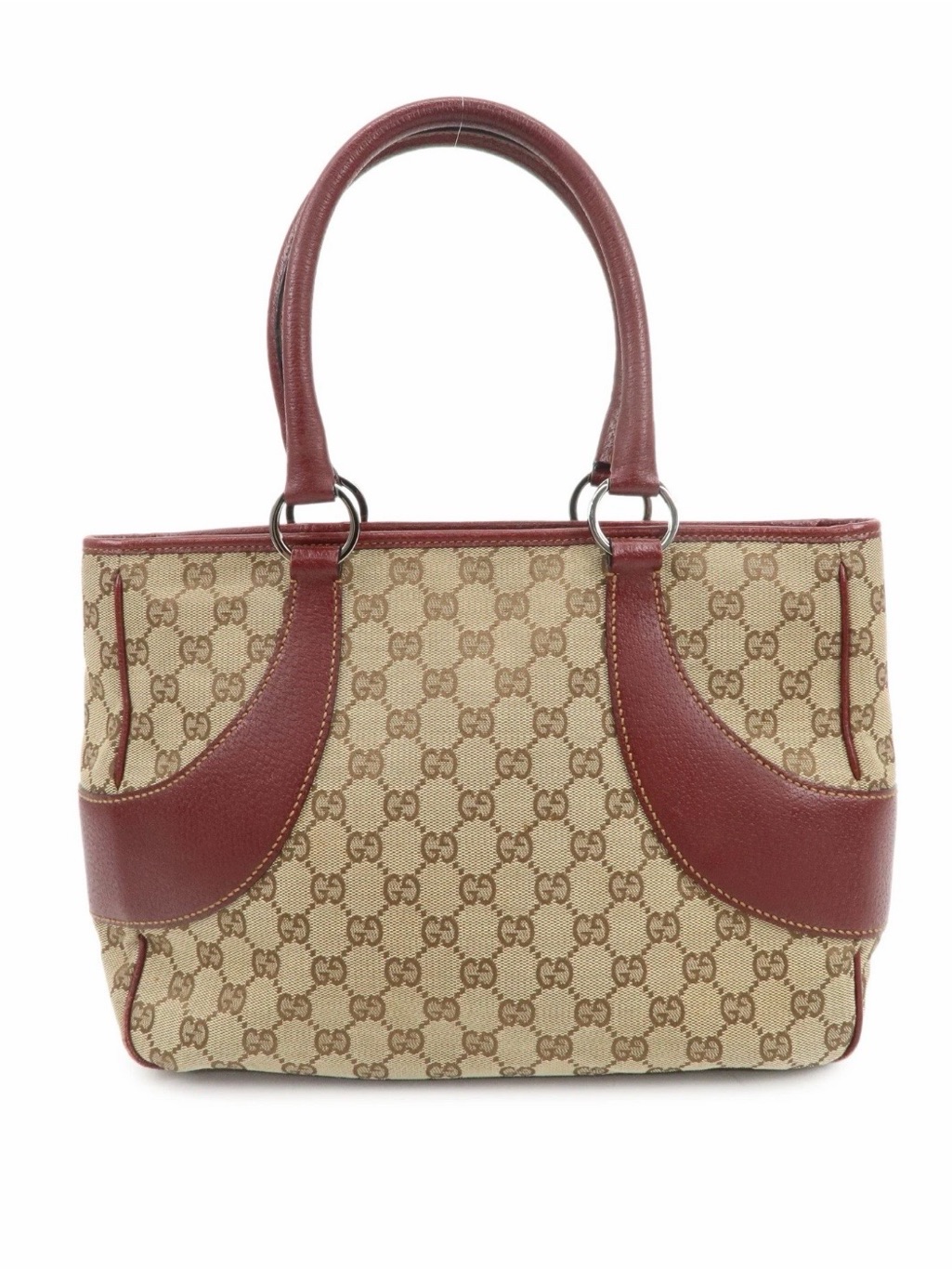 Real Gucci Beige Gg Canvas Tote With Burgundy Leather Trim Authentic Vintage